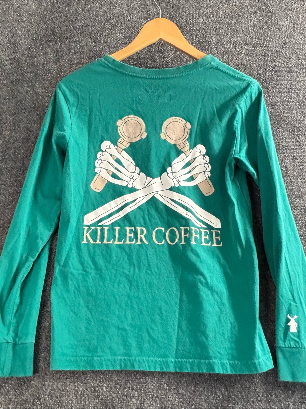 Dutch Bros Teal Long-Sleeve Tee with White Skeleton Portafilters